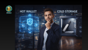 Comparison banner between Hot Wallets and Cold Storage featuring a professional analyst and hardware wallet security devices.