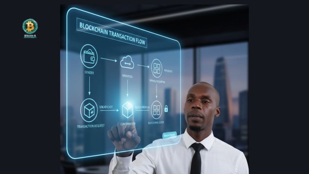 Educational infographic style banner showing a professional man interacting with a holographic display of a blockchain transaction flow, including sender, mempool, and block confirmation.
