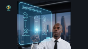 Educational infographic style banner showing a professional man interacting with a holographic display of a blockchain transaction flow, including sender, mempool, and block confirmation.