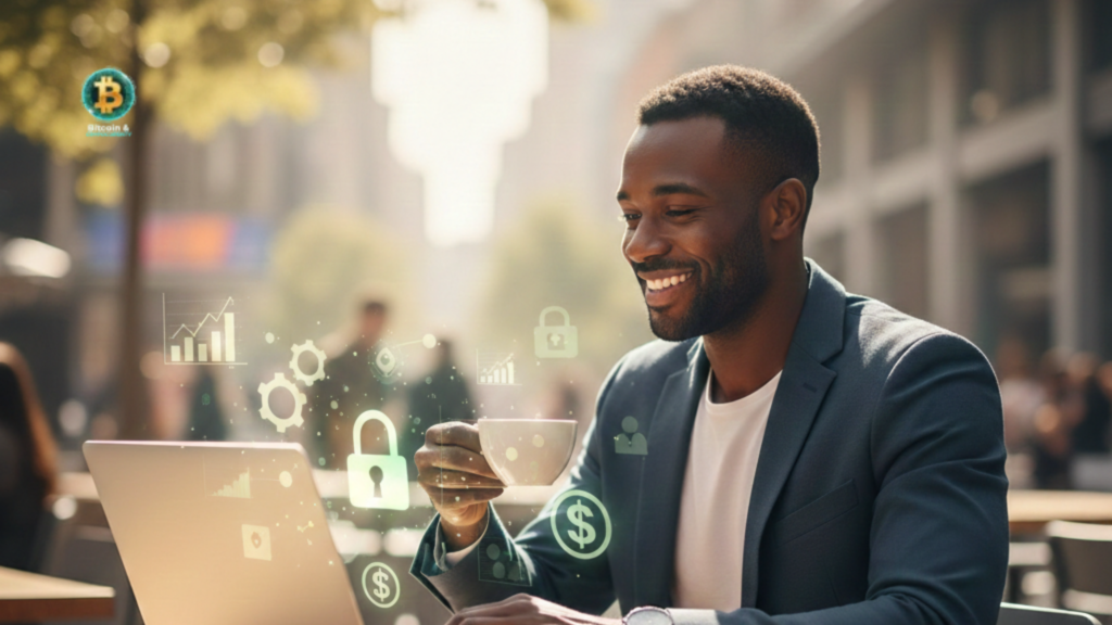 A Beginner's Guide to DeFi A friendly guide to DeFi: A professional in a relaxed cafe setting interacting with decentralized finance digital tools.