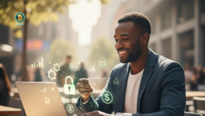 A friendly guide to DeFi: A professional in a relaxed cafe setting interacting with decentralized finance digital tools.