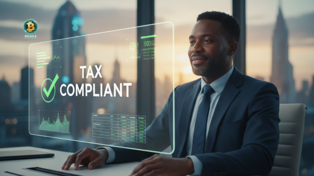 Crypto Taxes in 2026, A Beginner’s Guide to Staying Compliant Professional crypto investor reviewing tax compliance documents on a digital screen, feeling secure and organized