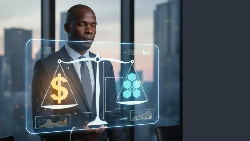 Stablecoins, The Bridge Between Crypto Volatility and Real-World Dollars Professional analyst observing the balance between traditional currency and digital stablecoins on a holographic interface.